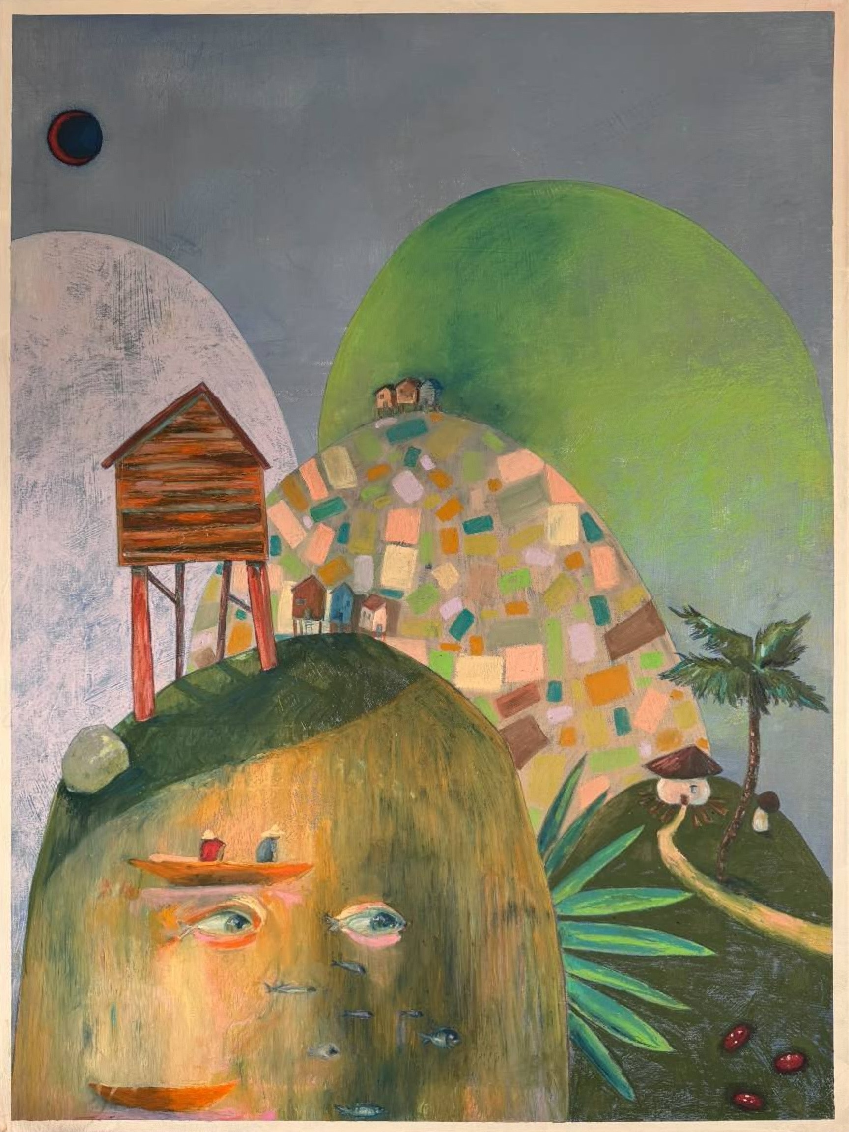 The original canvas: a mountain with a face, houses, fish and an eclipse.