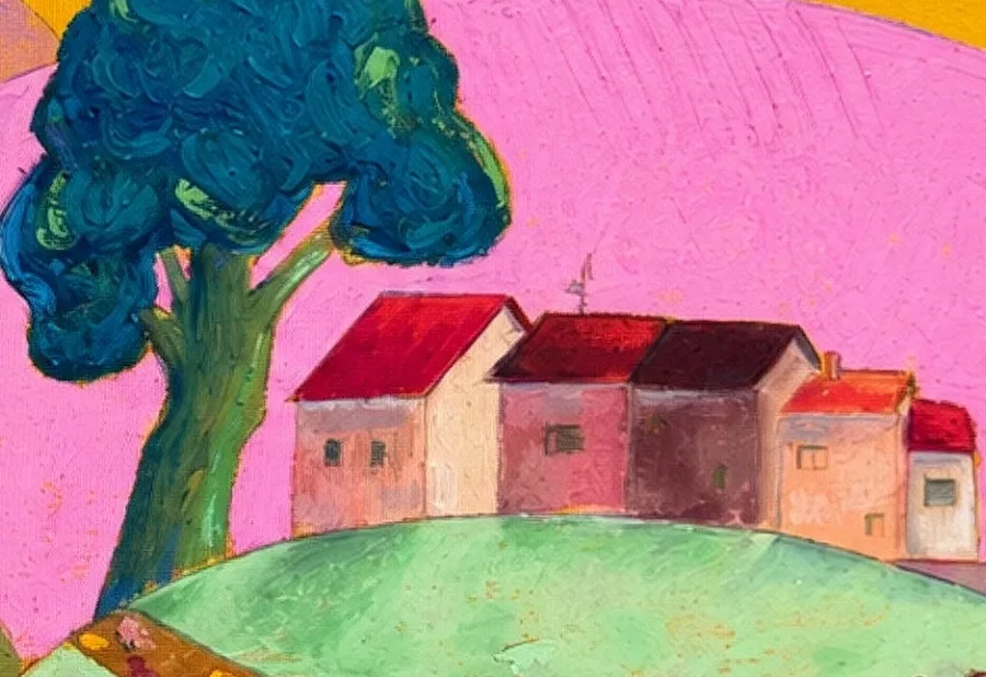 Detail of the painting: the tree and the houses on the pink hill