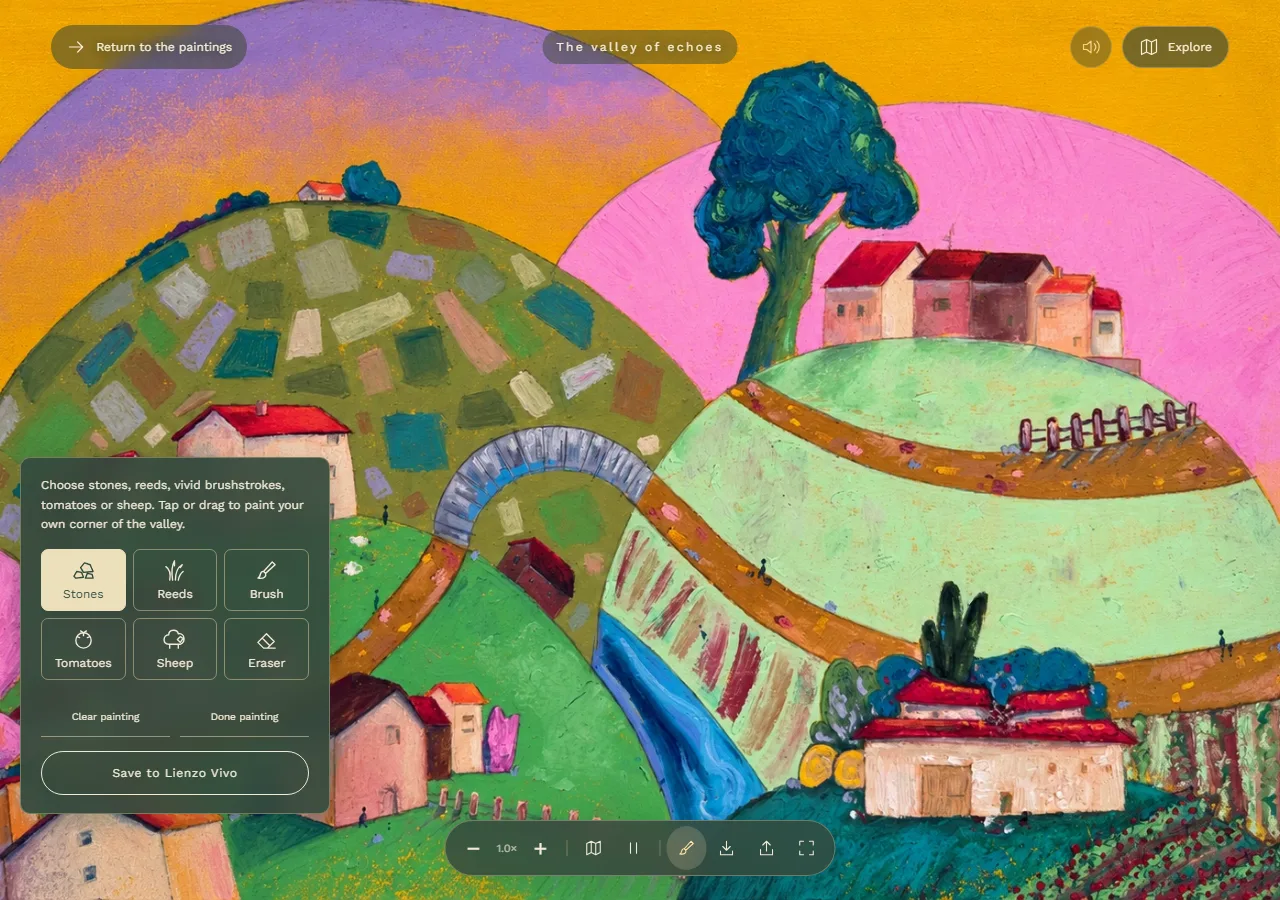 The living painting in a web browser, with the tray of painting tools open