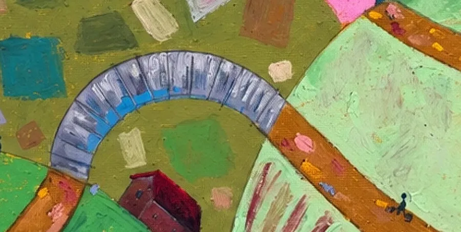 Detail of the painting: the stone bridge between the hills