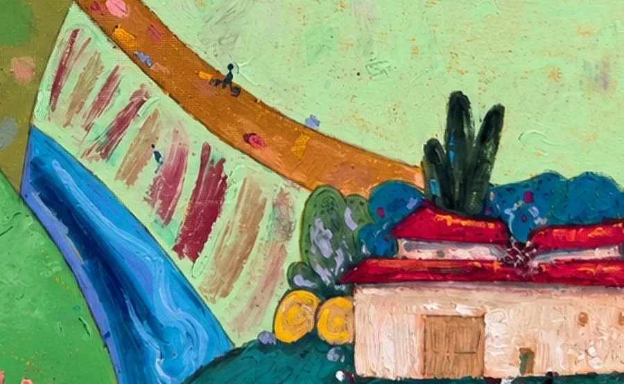 Detail of the painting: the blue river and the house below