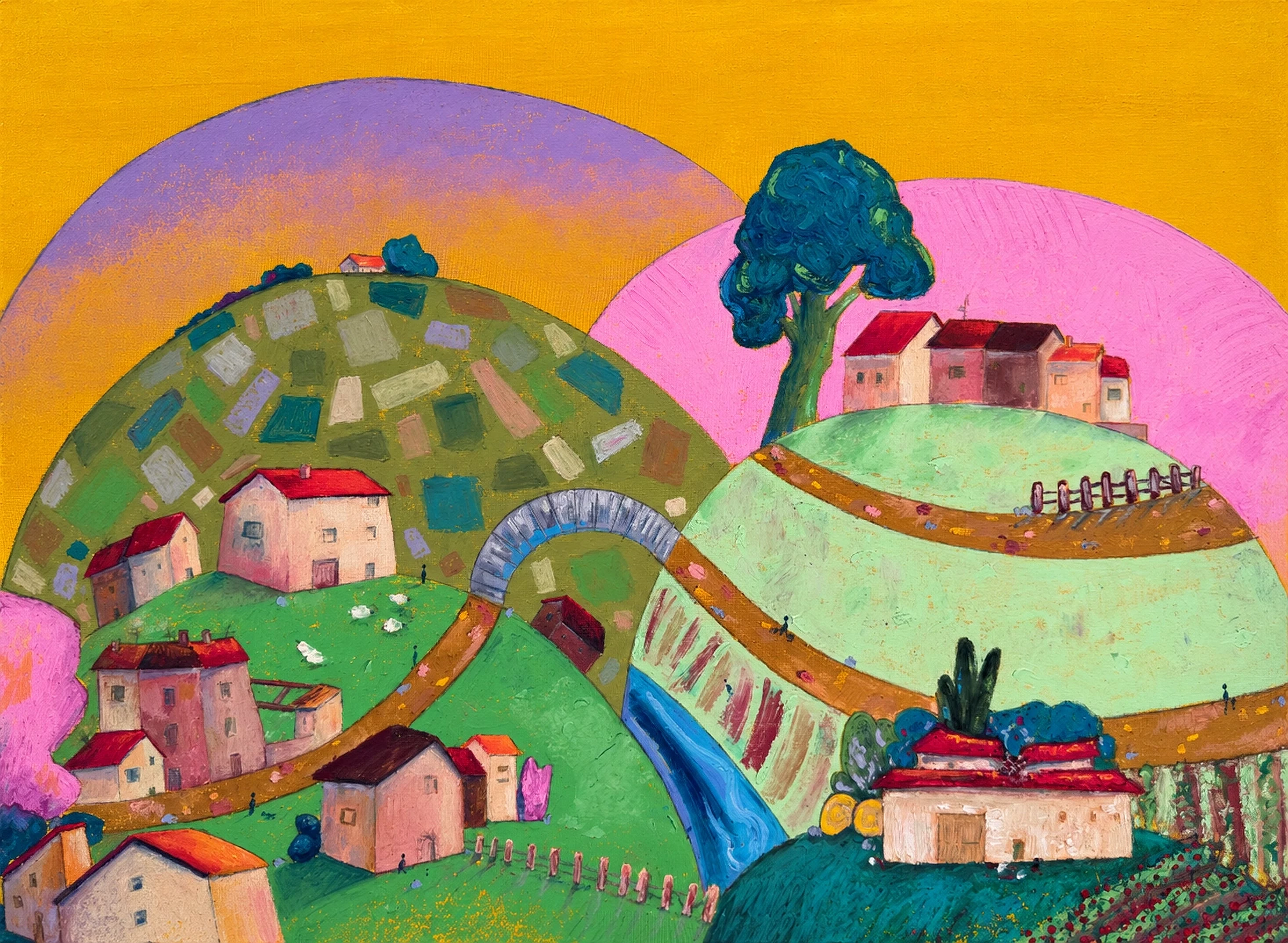 A painted valley of green and pink hills, red roofs, sheep, a stone bridge and a blue river.